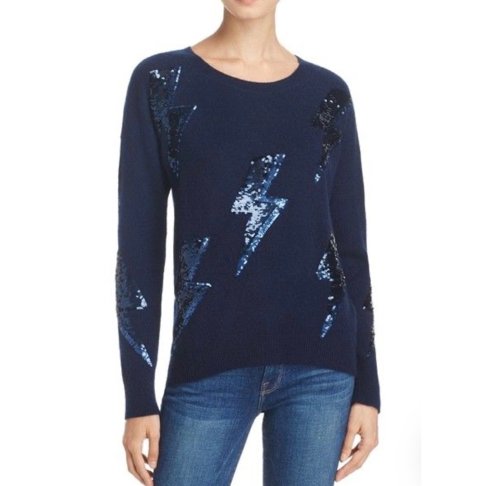 MO&Co Sequin Lightning Bolt Sweater M Navy Wool Alpaca Blend MA1633SWT16-B88